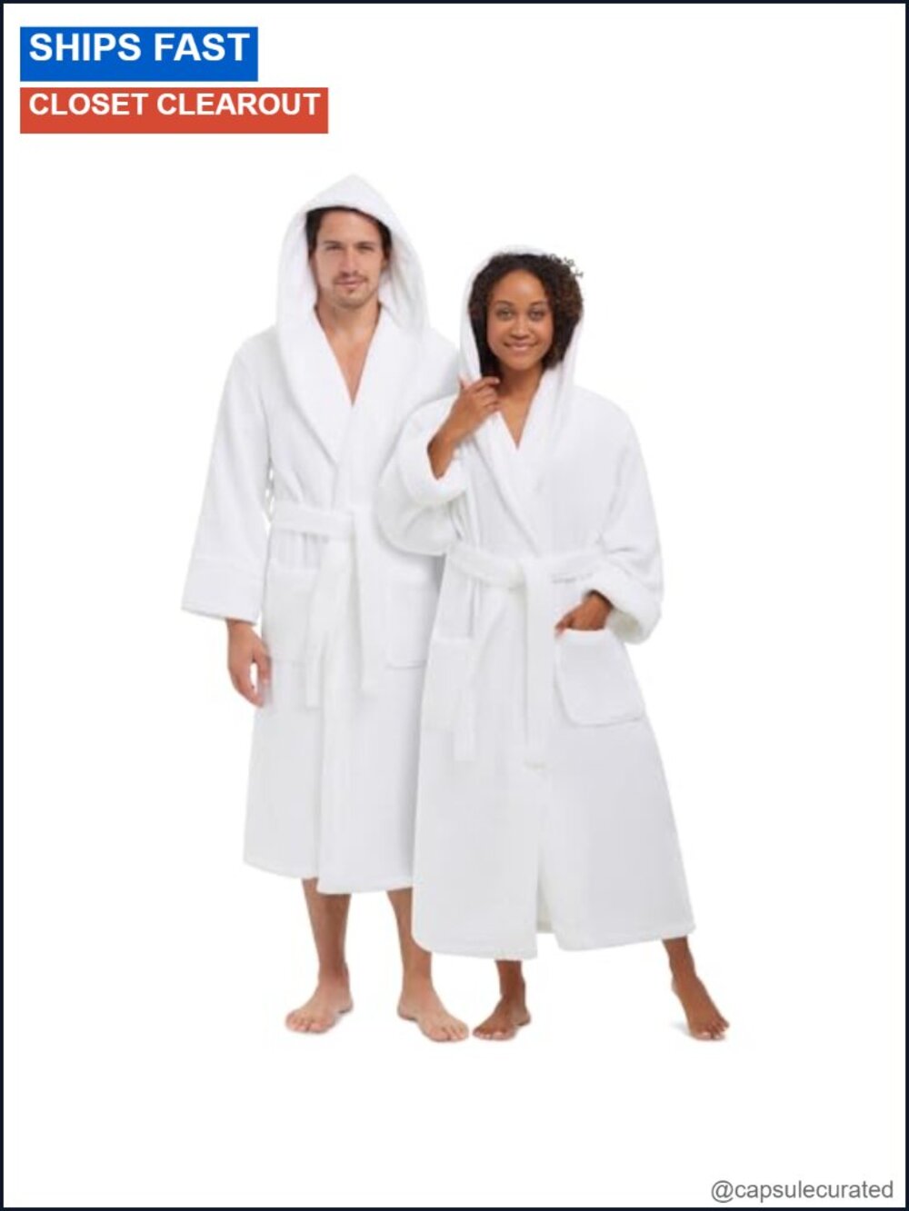 2pc His & Hers Hooded Spa Robe Set 100% Combed Cotton Terry 52" Long Hotel